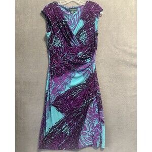 Lauren Ralph Lauren Ruched Faux‎ Wrap Dress Size 6 Blue Purple Abstract Career